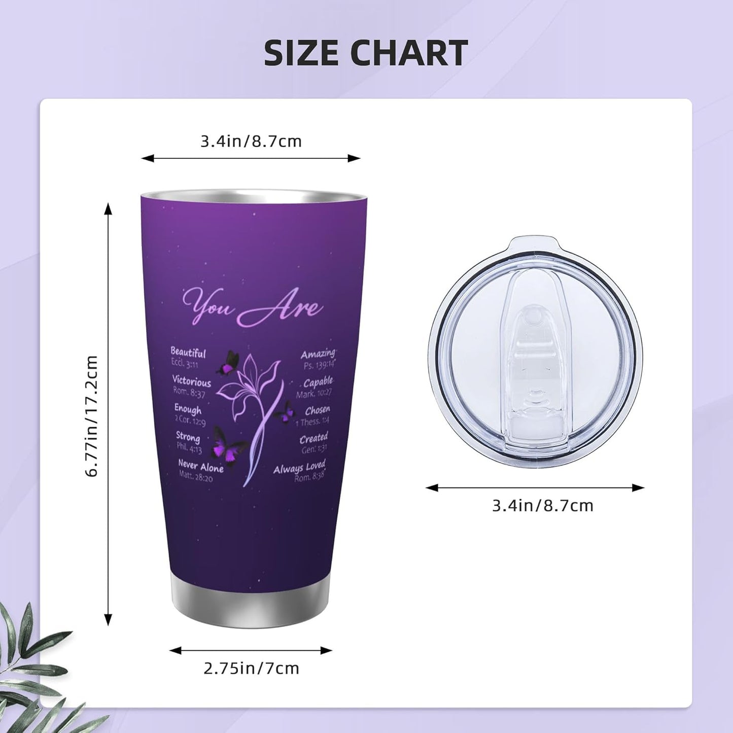 Regalo cristiano para mujer en acero inoxidable morado doble pared 20 oz