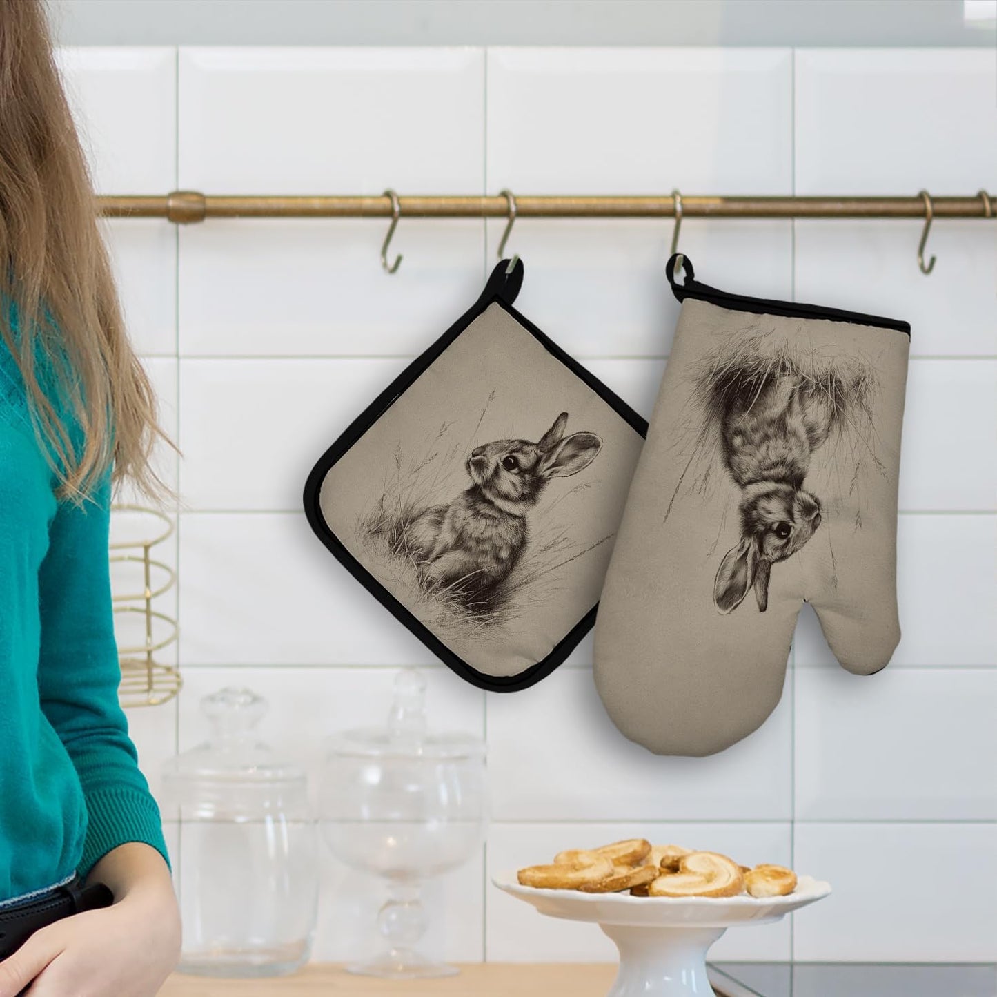 Juego de guantes de horno y soportes para ollas de conejo de Pascua