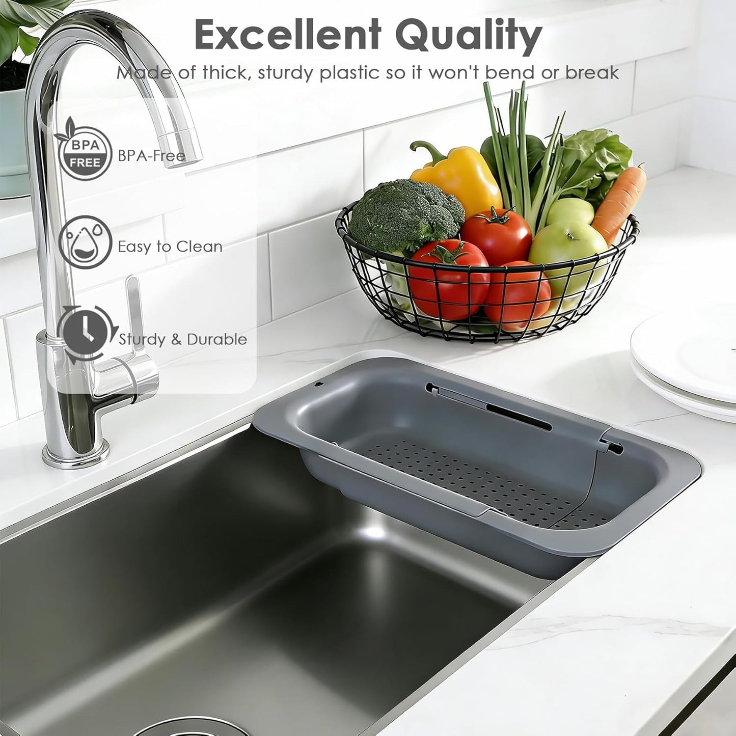 Cesta coladora extensible para cocina ajustable gris