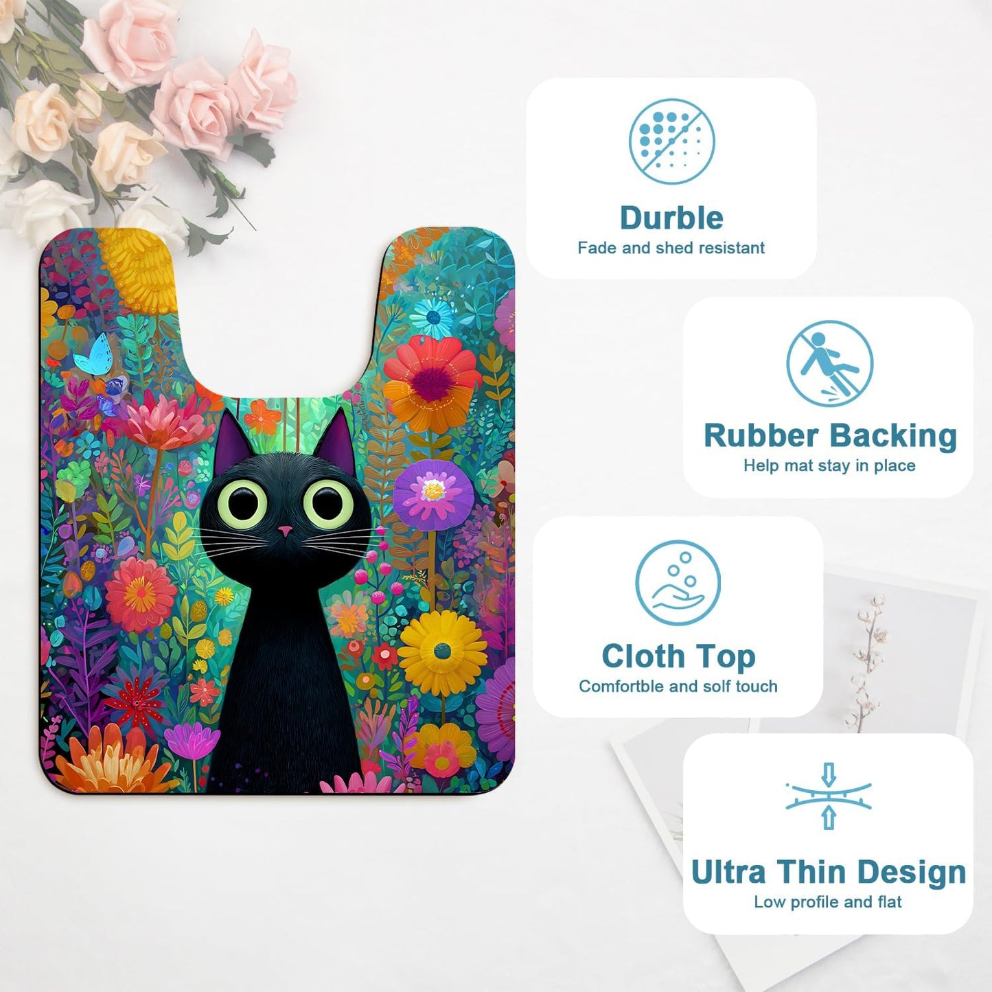 Tapete baño gatos flores forma U 24x20pulg antideslizante negro