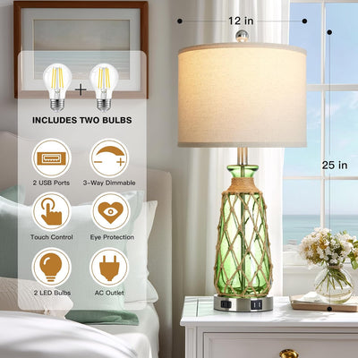 2 Lámparas Mesa Cristal Verde 25.5pulg Regulables 3 Vías Táctil USB