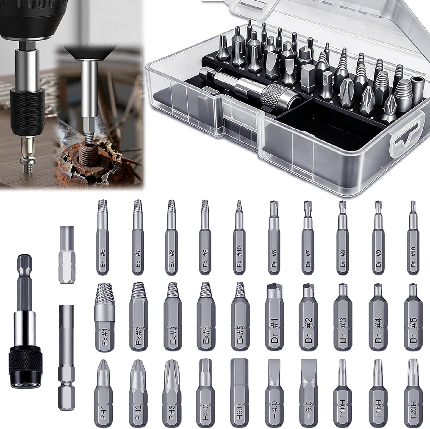 Set 33 Extractores S Pelados con Eje Magnético y Adaptador