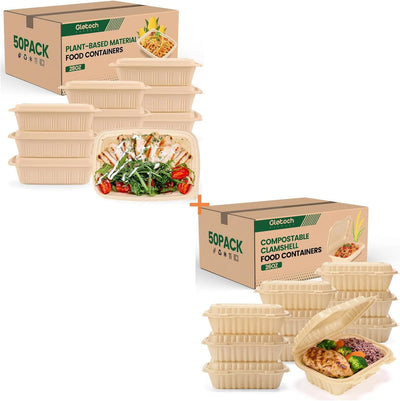 Paquete de 50 recipientes de almidón de maíz 28 oz y 50 de comida con tapa 26 oz