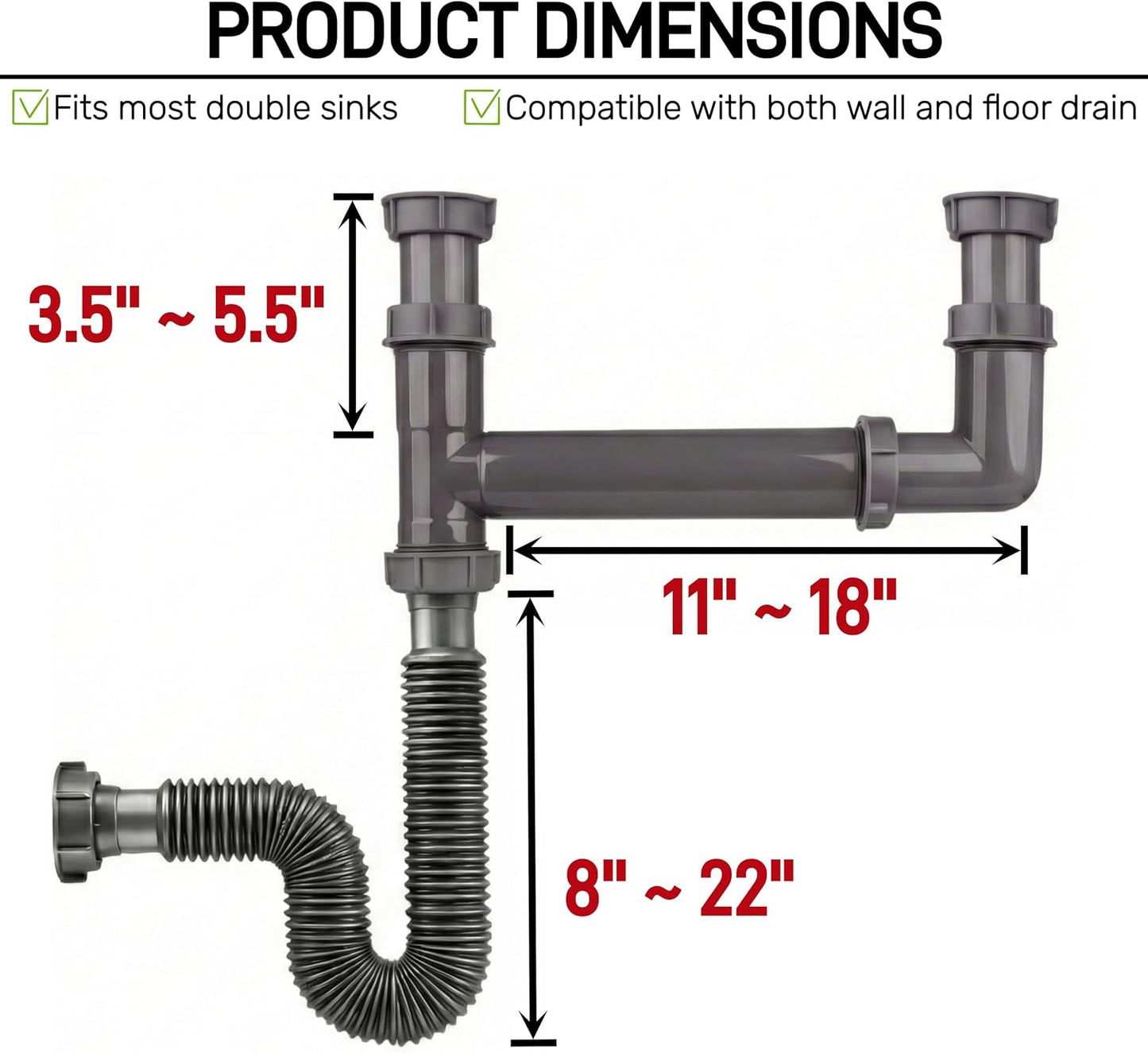 Kit drenaje cocina doble tazón desagüe 1.5" ancho ajustable