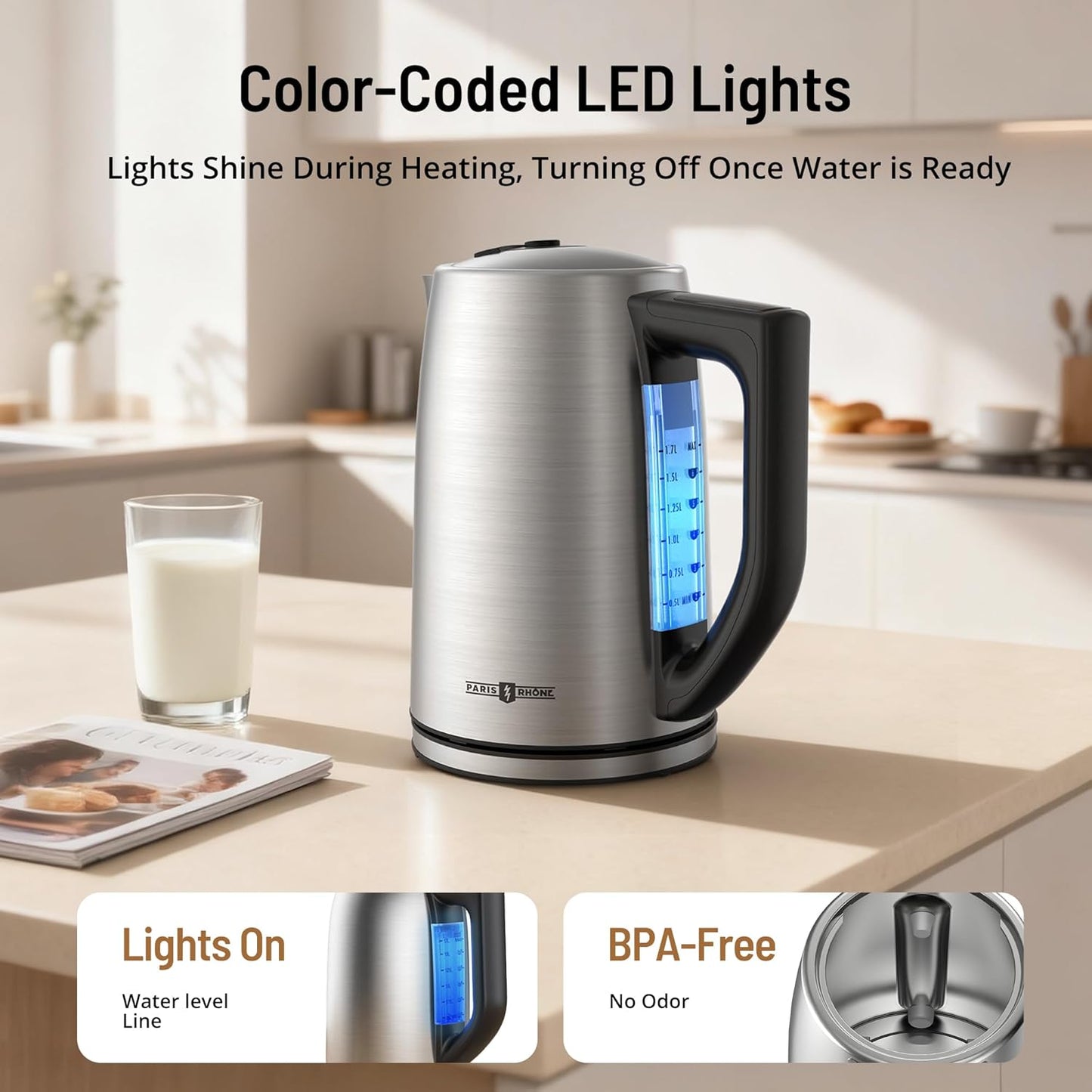 Hervidor eléctrico acero inox 1.7L 6 ajustes té verde y oolong