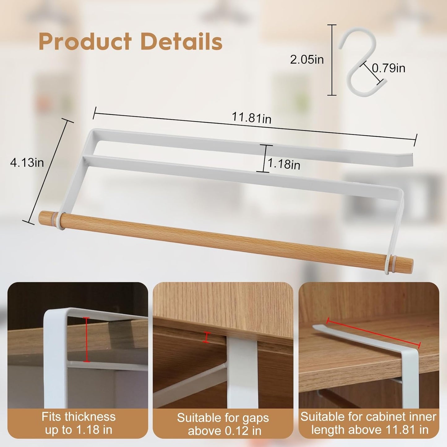 Soporte para toallas de papel estante madera hierro 13 pulgadas con 5 ganchos organizador cocina