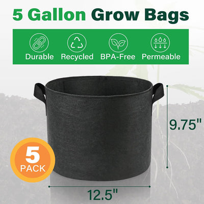 5 Pzas Bolsas Cultivo 5gal Tela No Tejida Asas Reforzadas Negro