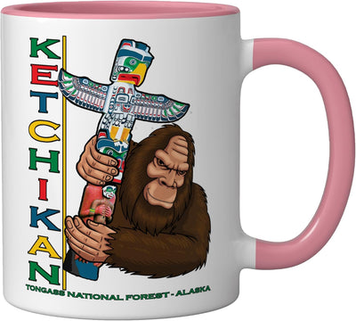 Taza cerámica Ketchikan Alaska Native Totem Pole Arte Folclórico Rosa/Blanca