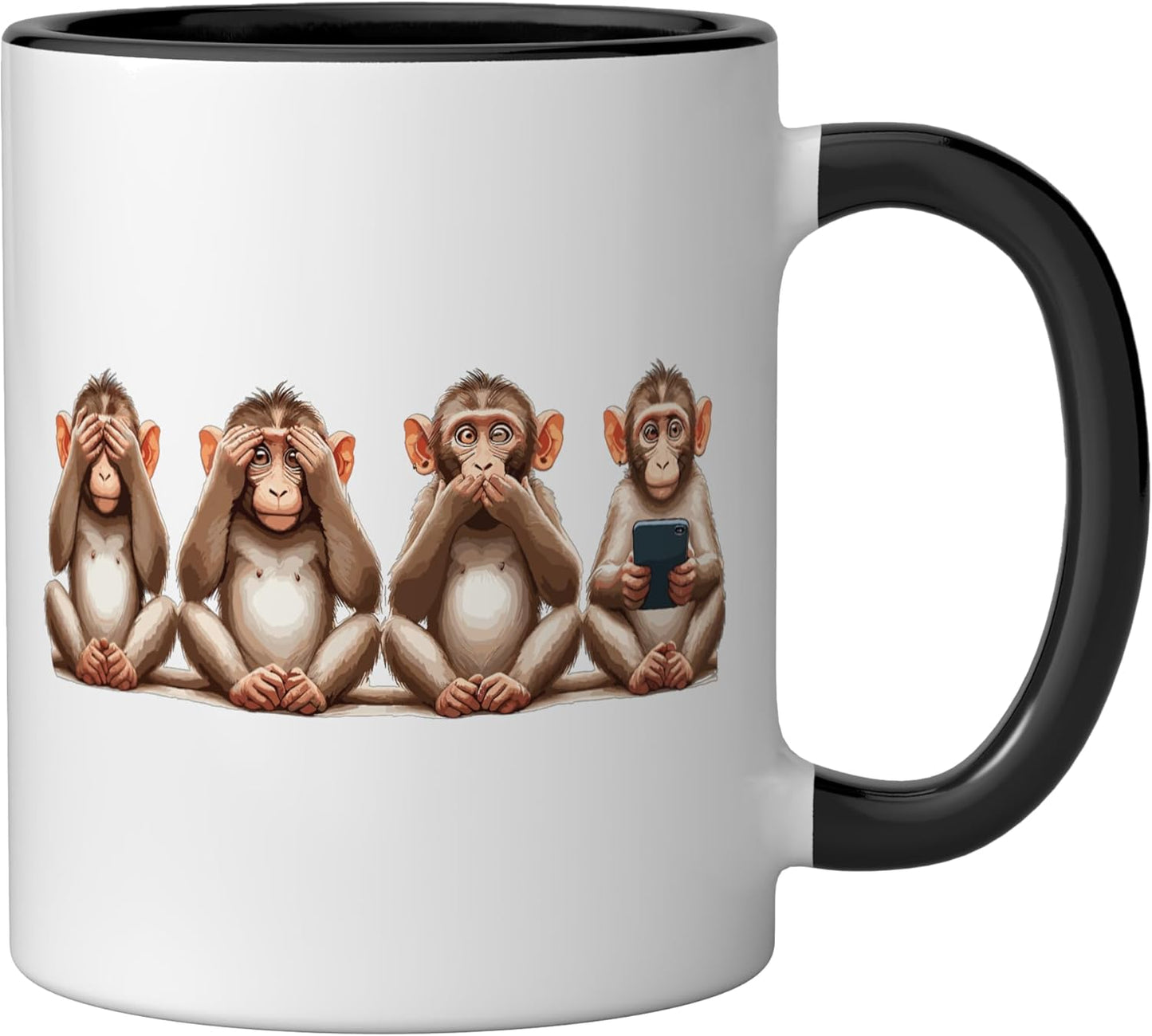 Taza cerámica de monos sabios usando teléfono, negro/blanco
