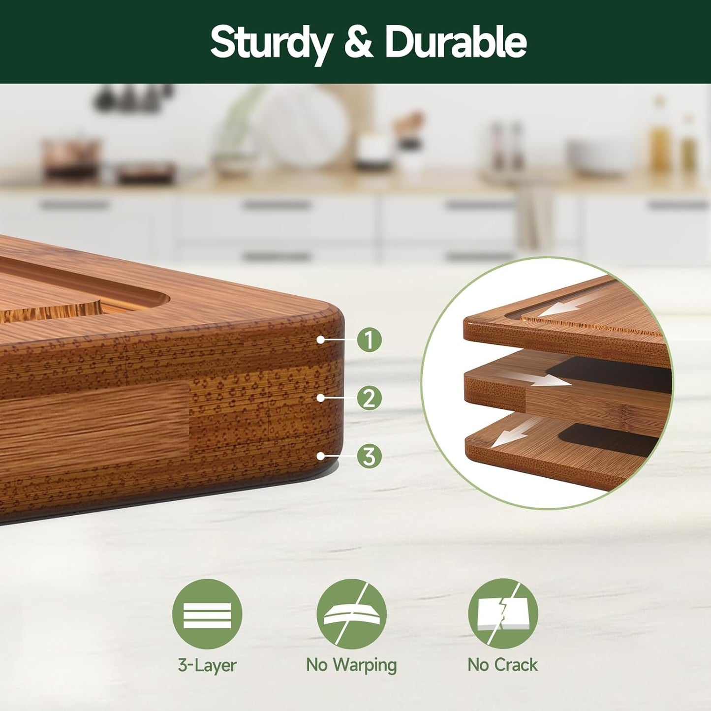 Juego de 4 tablas de cortar de bambú y madera resistente con ranuras para jugos y bloque de carnicero