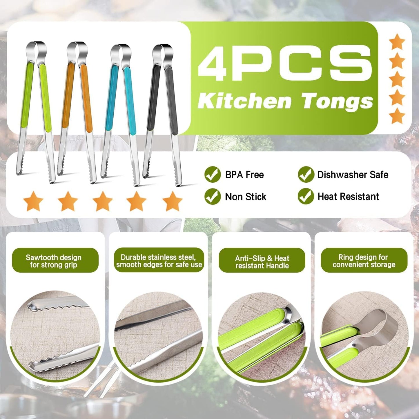 4 Pinzas Acero Inox 10pulg Antideslizante Calor Resistente