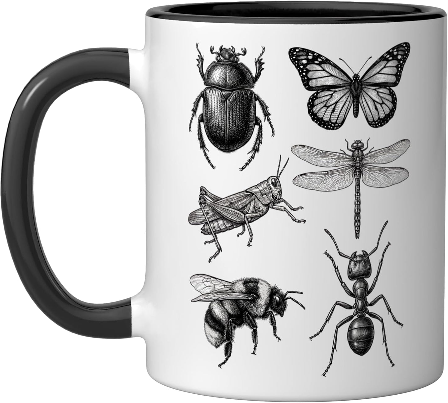 Taza cerámica vintage de insectos y animales retro en negro/blanco