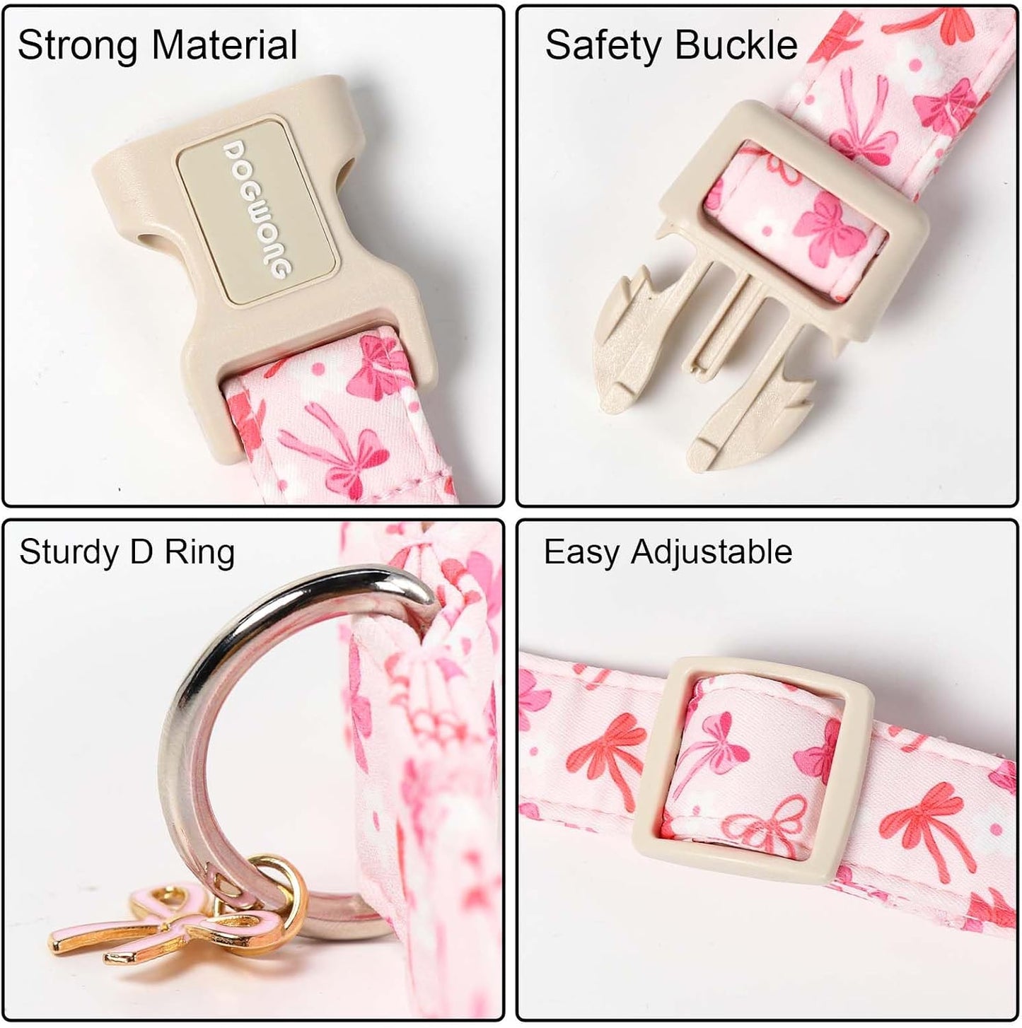 Collar rosa para perro hembra ajustable con estampado corbatín