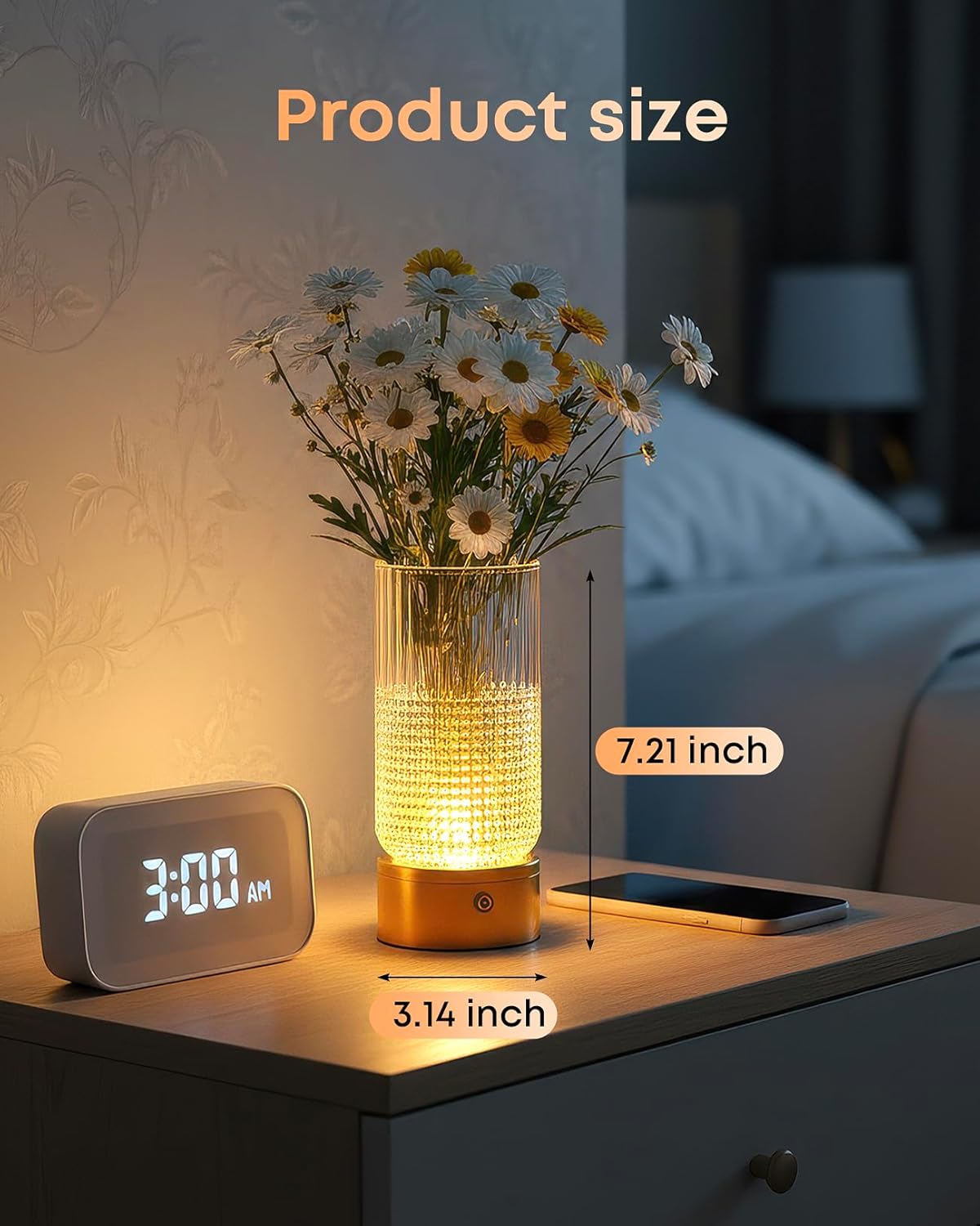 Lámpara mesa recargable LED tactil cristal 3 colores con florero