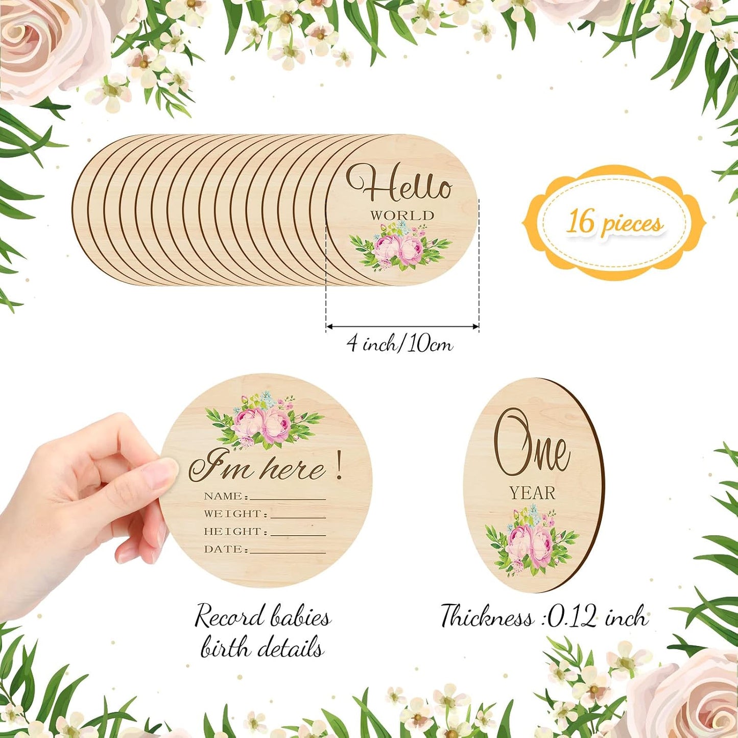 16 Tarjetas Madera Meses Bebé Doble Cara Flor