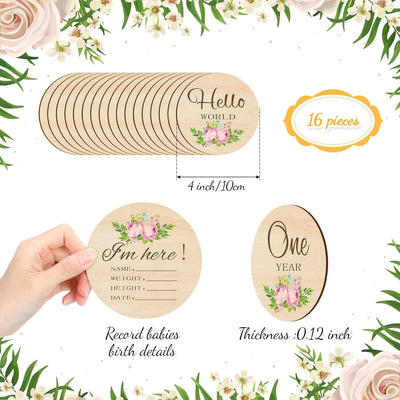 16 Tarjetas Madera Meses Bebé Doble Cara Flor