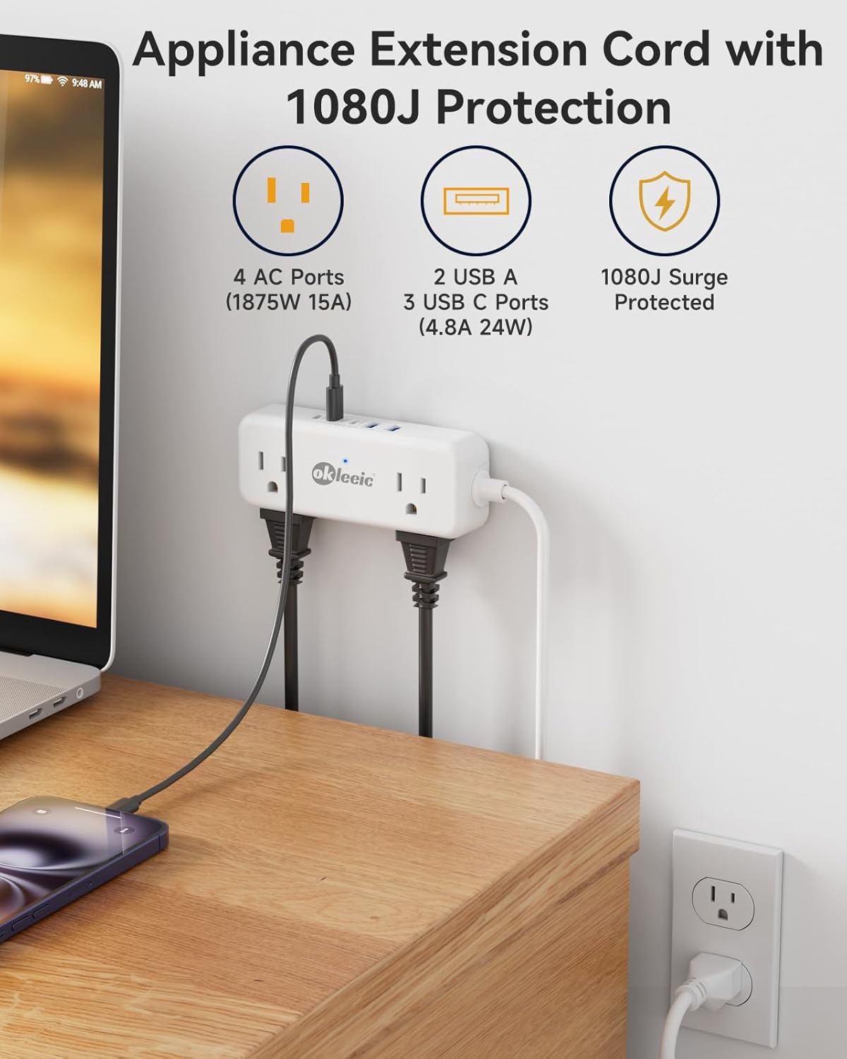 Cable extensión 2ft con protector sobretensiones 4 tomas 5 USB