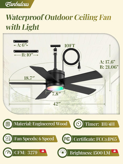 Ventilador techo exterior 42pulg RGB control remoto IP65
