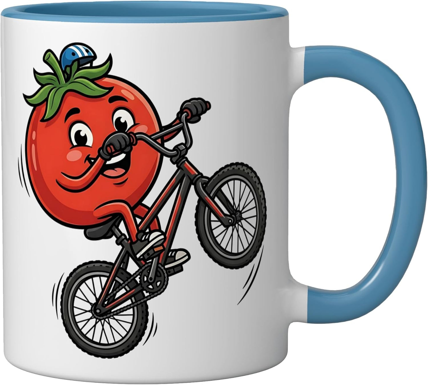 Taza cerámica de tomate en bicicleta divertida azul/blanco