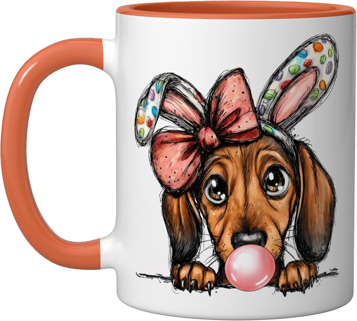 Taza cerámica perro salchicha diseño chicle pascua naranja/blanco