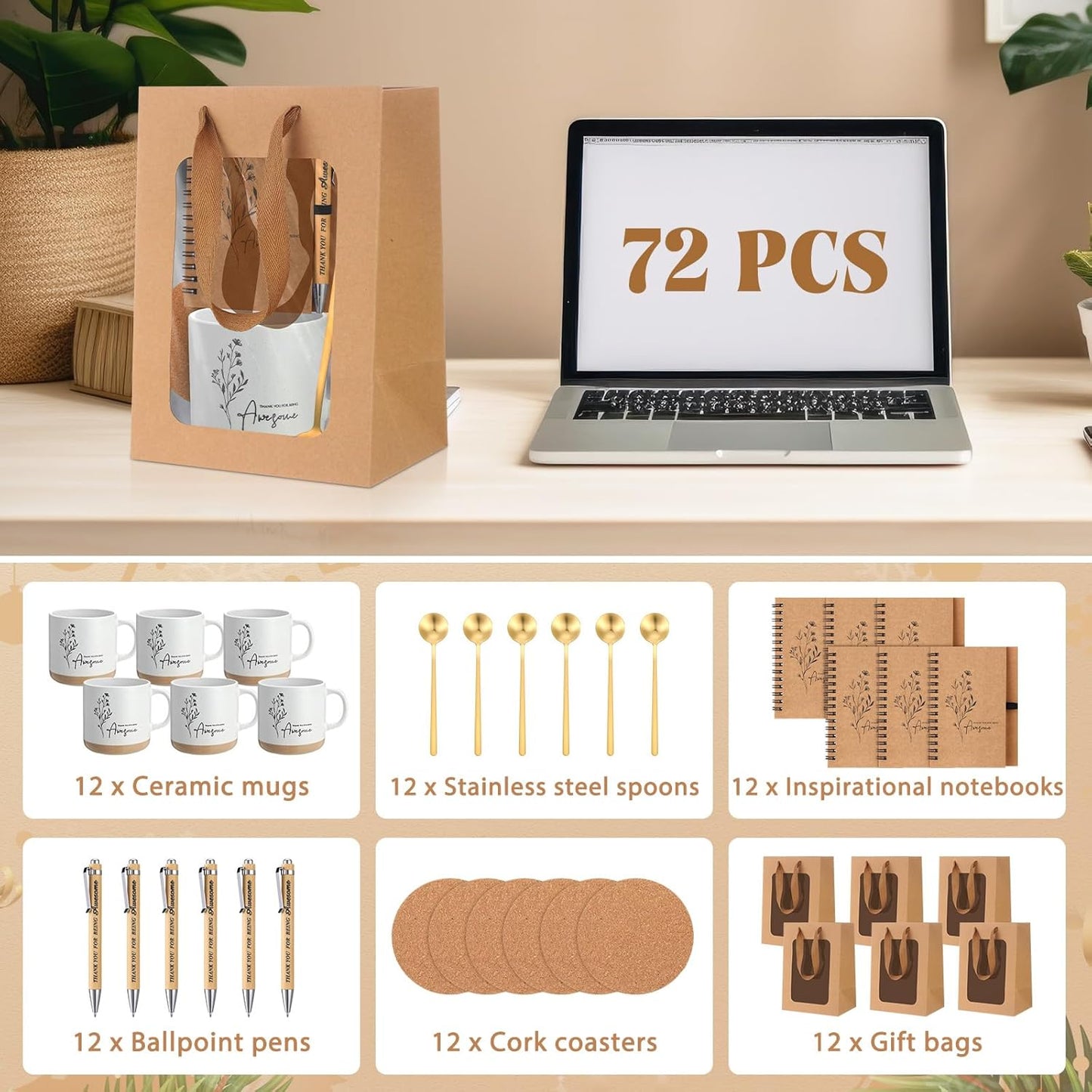 Set 72 Pzas Taza Café Cuchara Cuaderno Bolígrafo