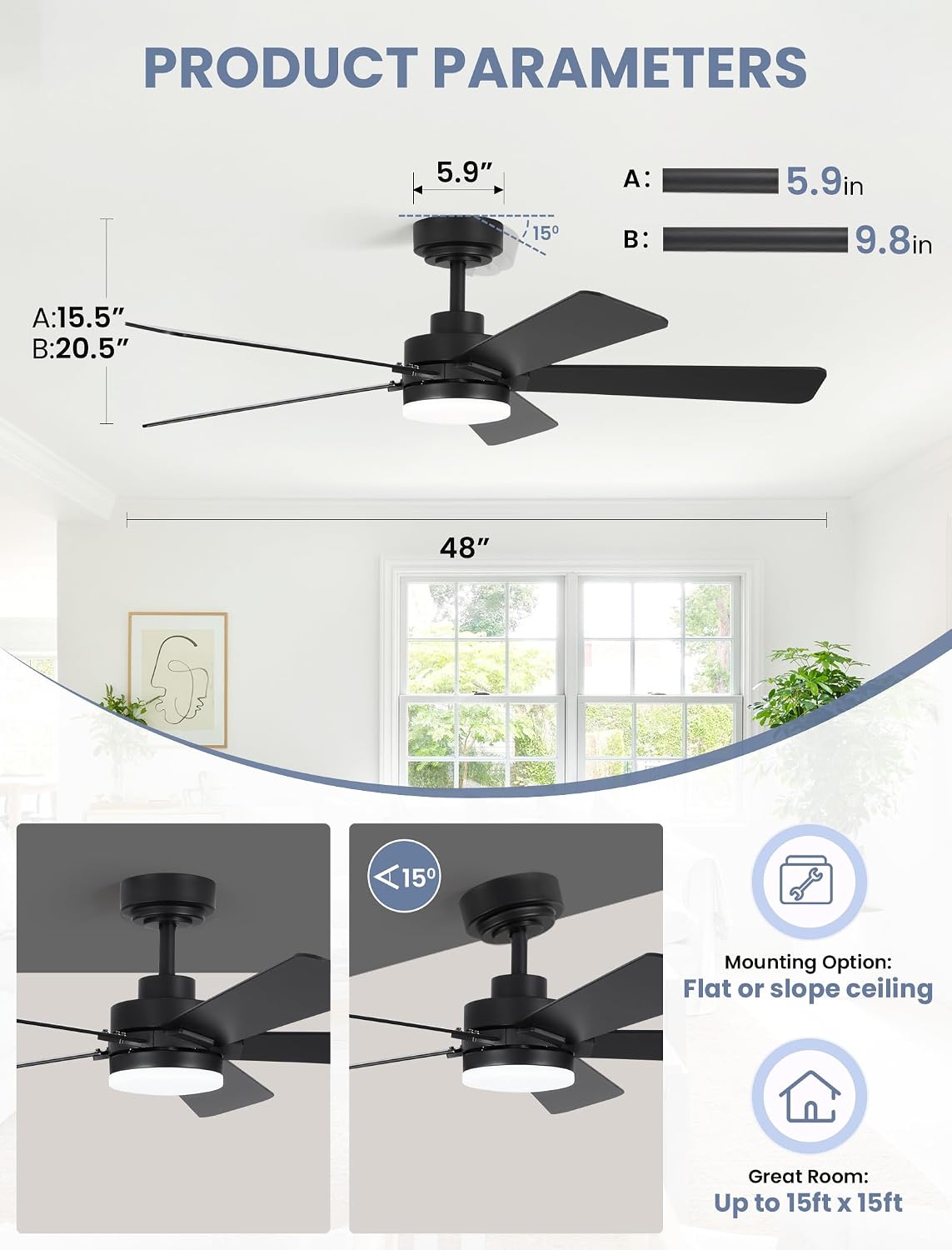 Ventilador techo 48pulg luces control remoto motor CC LED regulable