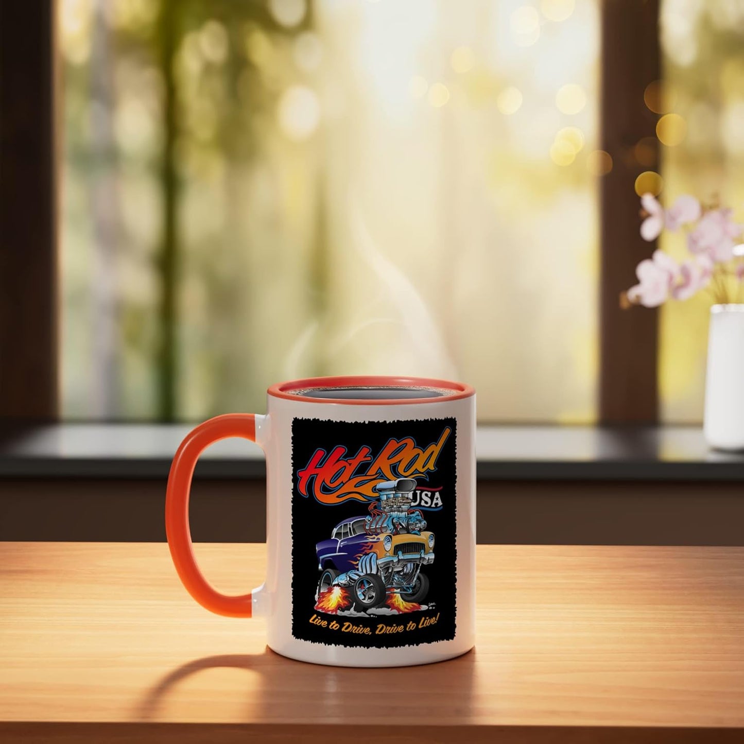 Taza cerámica Hotrod USA Diseño clásico retro muscle car dragster naranja/blanco