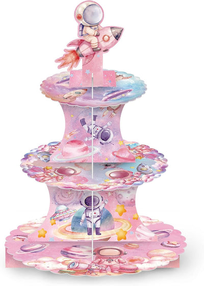 Soporte magdalenas 3 niveles rosa astronauta fiesta cartón