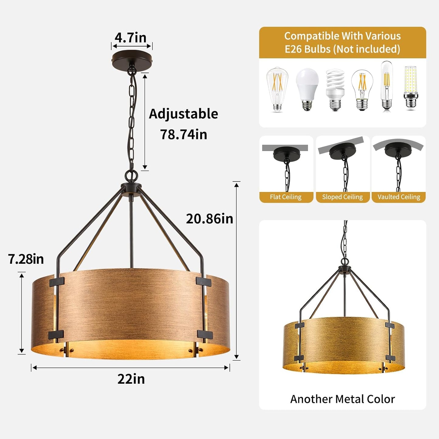 Candelabro cobre 22pulg luces colgantes bronce vintage