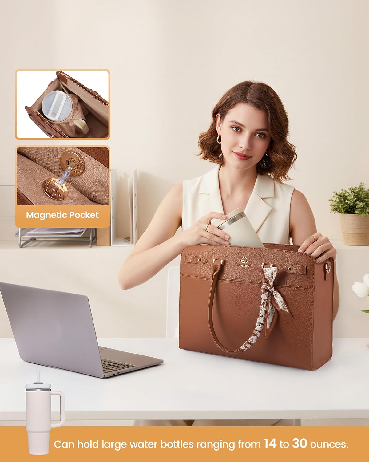 Bolsa mano piel sintética para laptop con bufanda seda