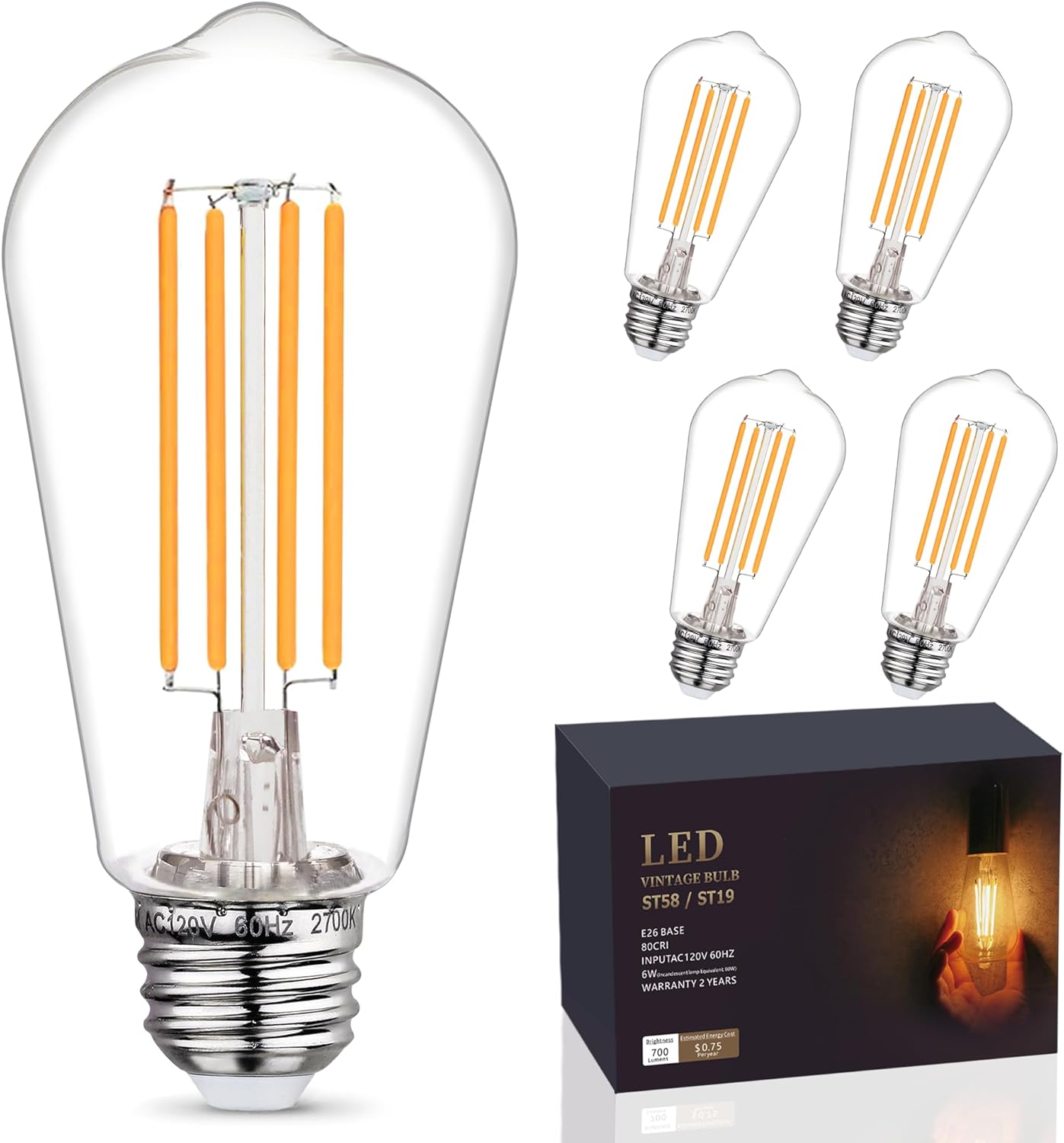 Pack 5 Bombillas LED Edison ST58 Regulables E26 2700K