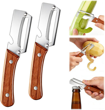 Peladores de verduras con mango de madera y abridor de botellas de acero inoxidable