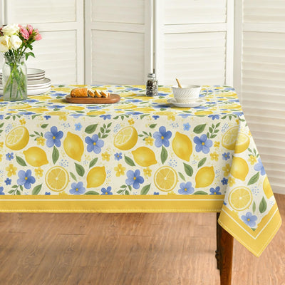 Mantel cuadrado de verano 60x60 pulgadas con limones, hojas de jazmín, azul y amarillo lavable