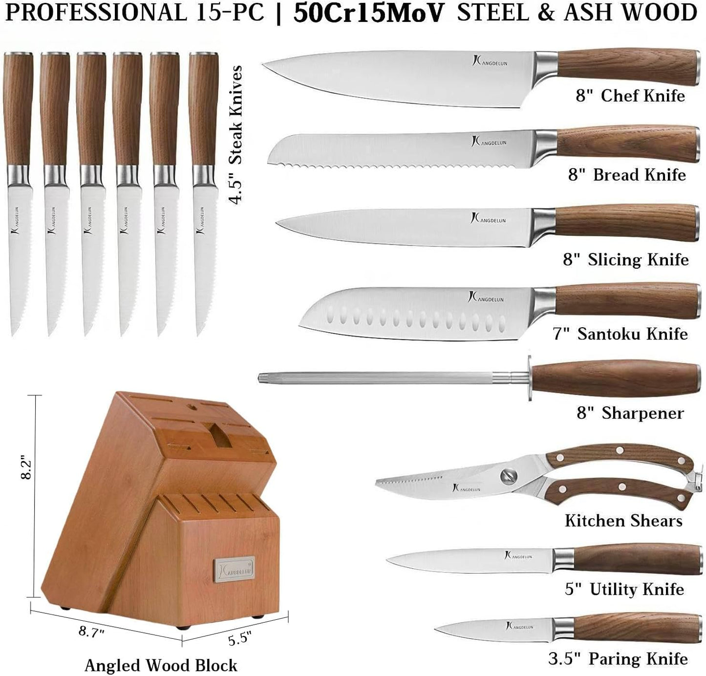 Set 15 cuchillos acero inox con afilador de 8" y mango madera