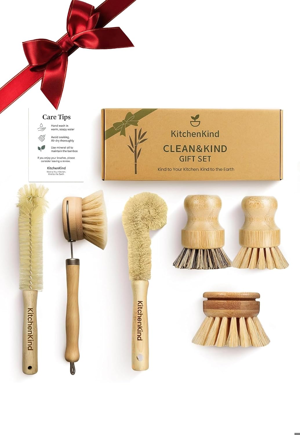 Set 6 cepillos cocina bambú cerdas naturales asa madera
