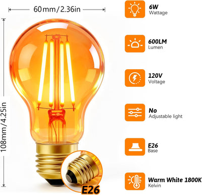 Bombillas LED ámbar A19 E26 6W 1800K equivalente a 60W pack 2