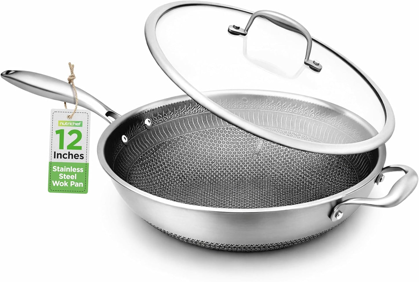 Wok acero inox 12pulg triple con tapa vidrio antiadherente