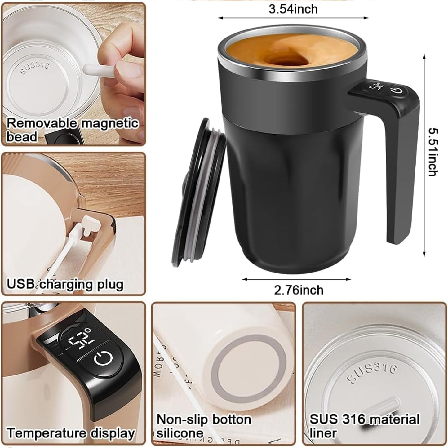 Taza recargable con agitación automática de 13.5 oz en acero inoxidable negro