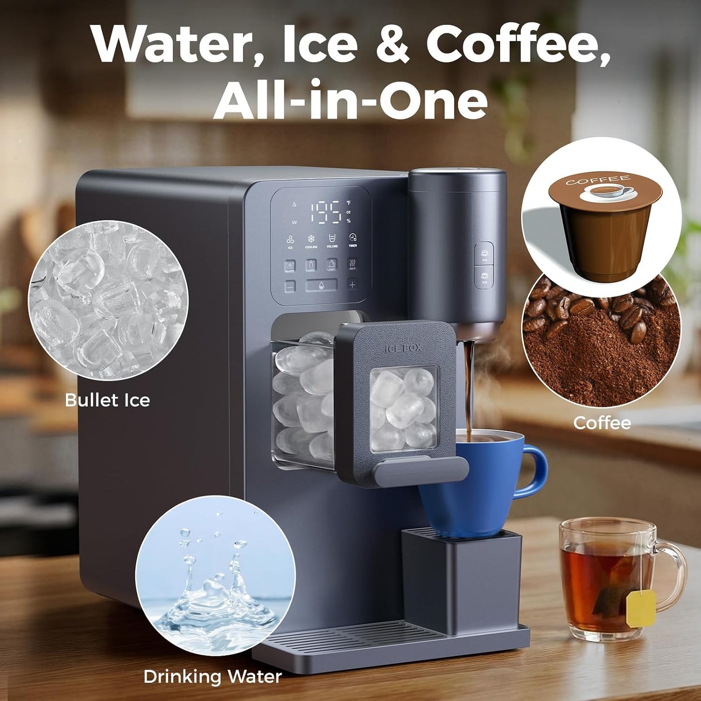 Dispensador agua 3en1 con hielo cafetera K-Cup