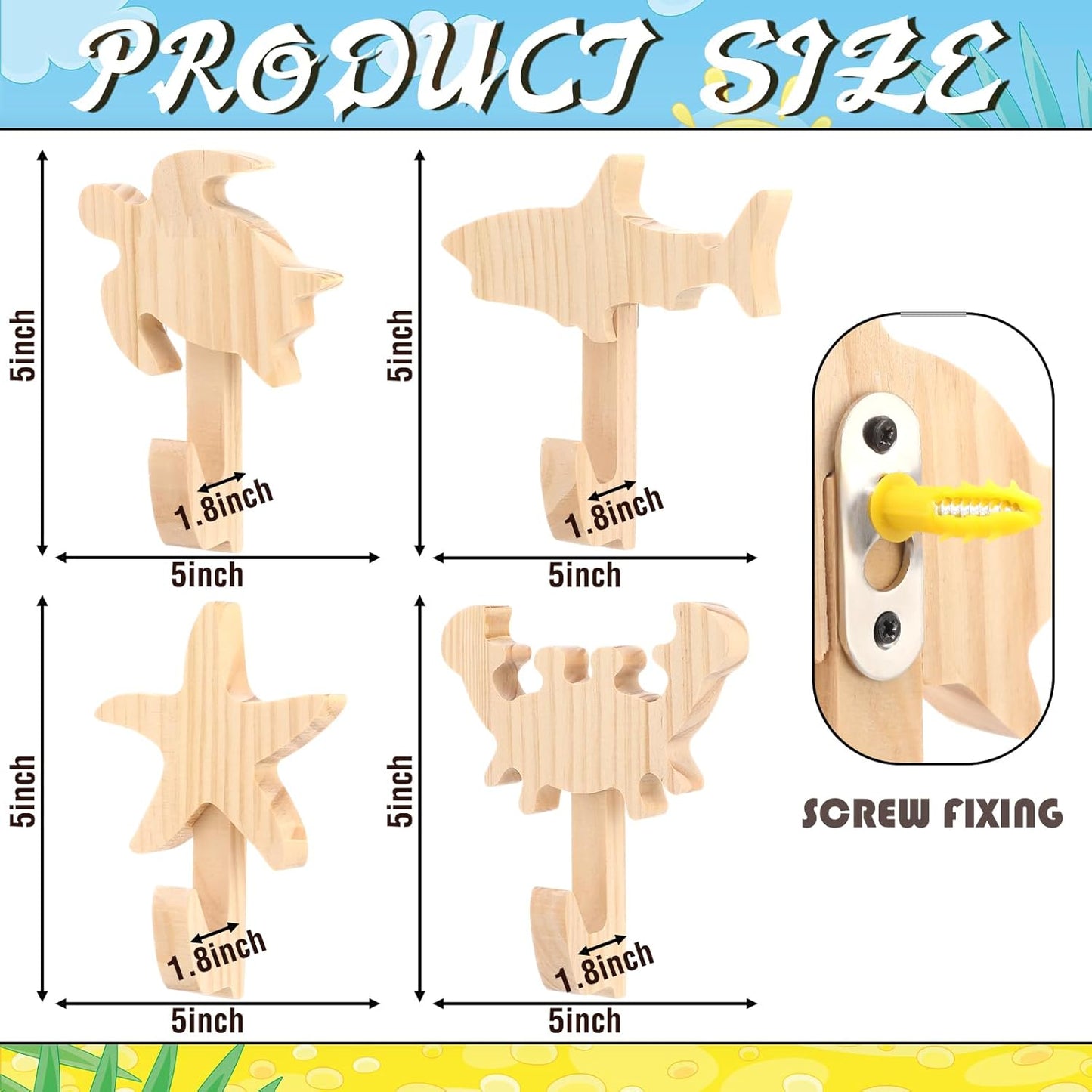 4 Ganchos Animales Madera para Puerta Niños Habitación
