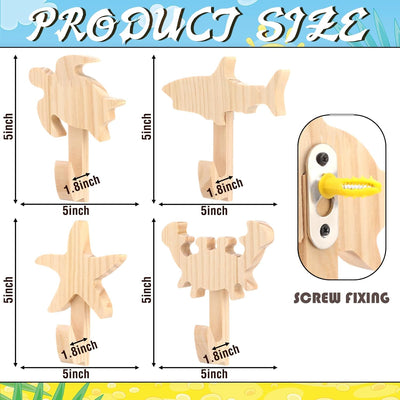 4 Ganchos Animales Madera para Puerta Niños Habitación