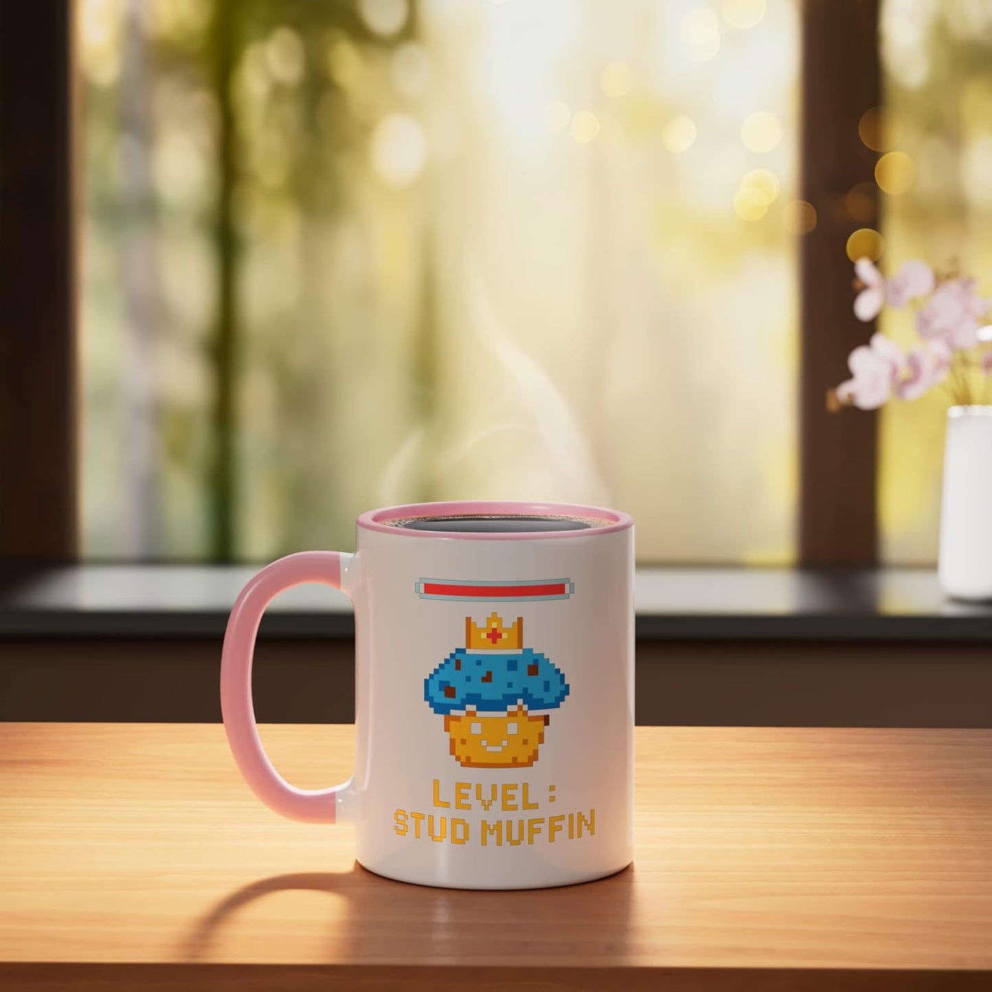 Taza Cerámica Arte Pixel Juego de Muffin Rosa/Blanco