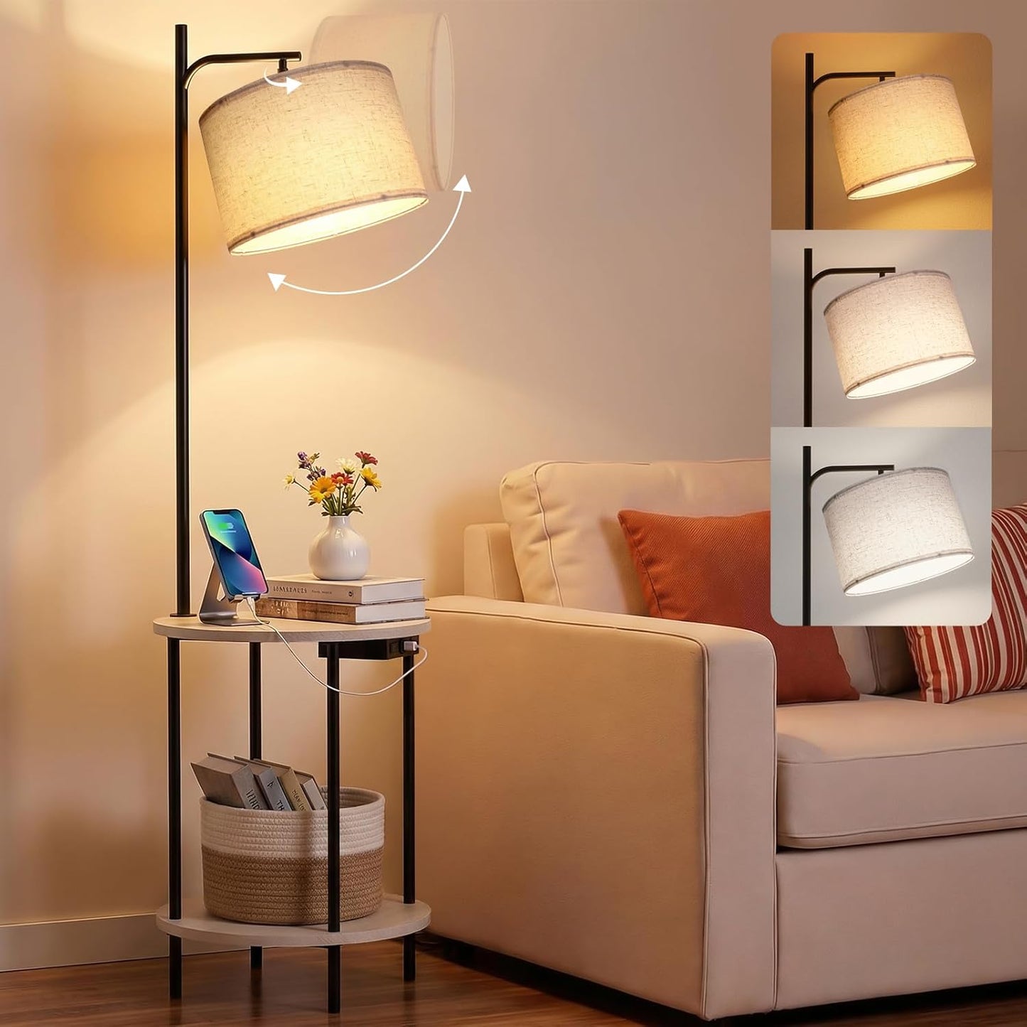 Lámpara pie moderna con mesa carga USB tipo C 3 temperaturas 9W