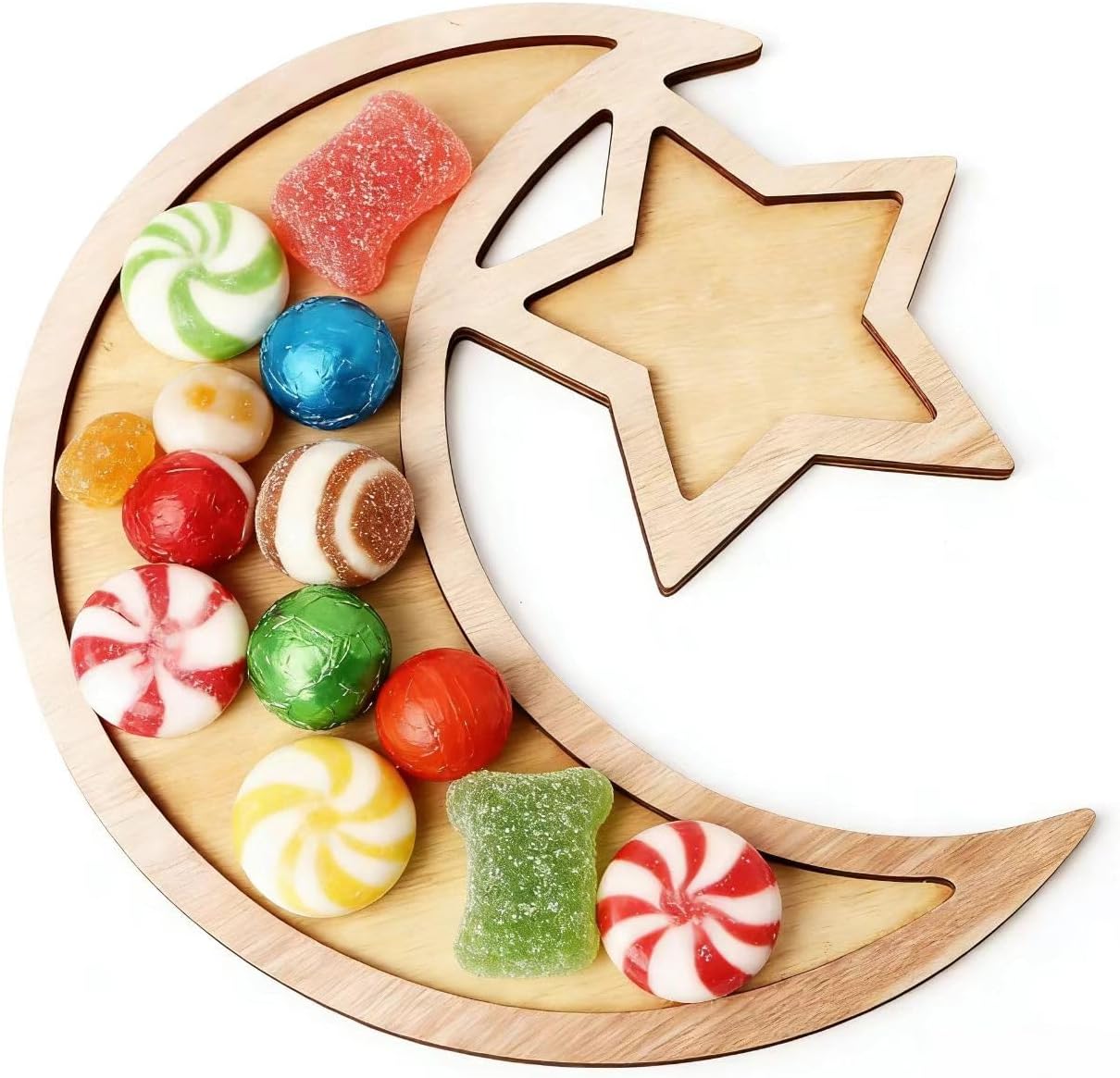 Bandeja madera postre Eid Mubarak con estrella luna
