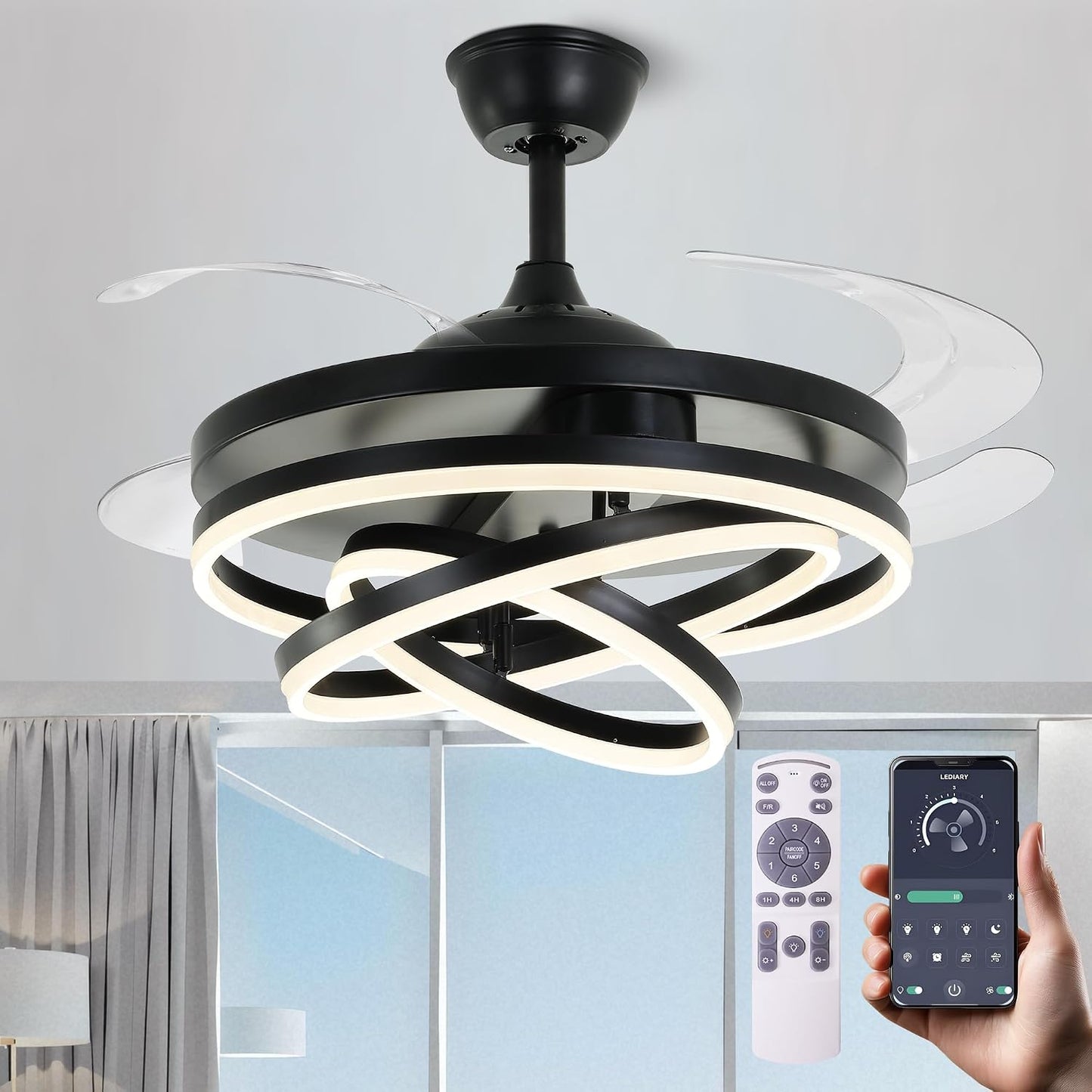 Ventilador techo retráctil 42pulg luces 3 temp 6 vel negro