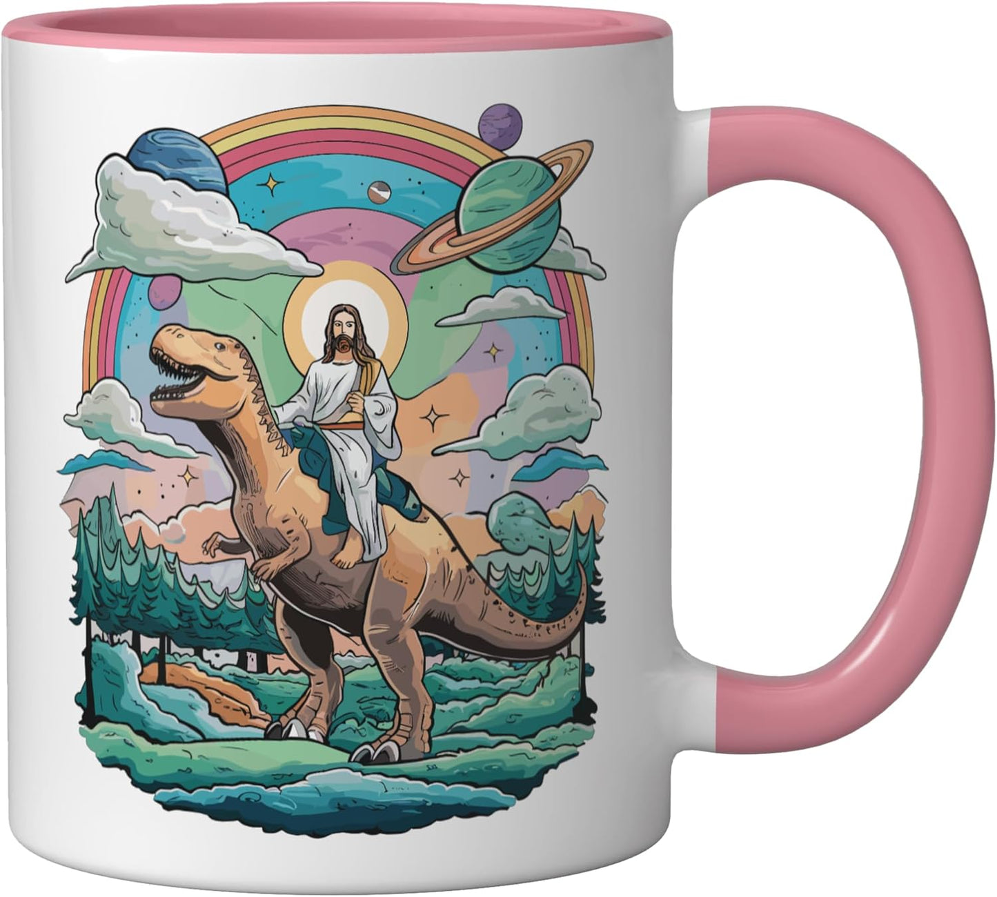 Taza Cerámica T-Rex Meme Sci-Fi Rosa/Blanca