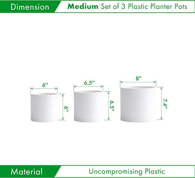 Set 3 Macetas Plástico Blanco con Drenaje 6-8pulg