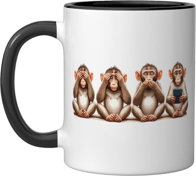 Taza cerámica de monos sabios usando teléfono, negro/blanco