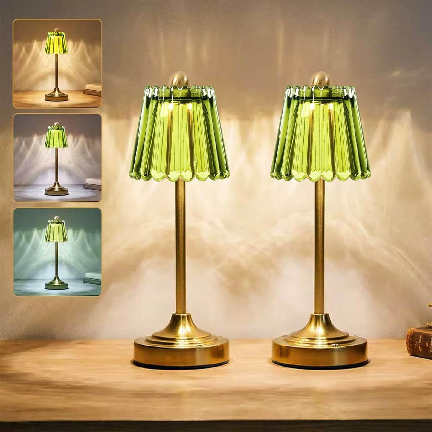 2 Lámparas Mesa Inalámbricas Recargables Vintage Cristal Verde