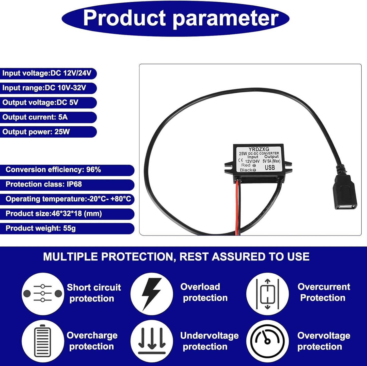 Convertidor USB 5V 5A 25W 12V 24V a 5V DC